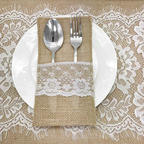 Amajoy 12pcs 4x8 pulgada Arpillera de arpillera de arpillera de arpillera natural Platería Servilleteros Cubiertos Cuchillos Cuchillos Tenedores para el país Decoración de bodas Nupcial