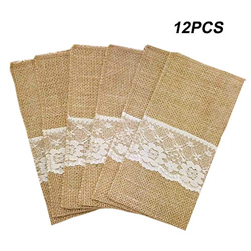 Amajoy 12pcs 4x8 pulgada Arpillera de arpillera de arpillera de arpillera natural Platería Servilleteros Cubiertos Cuchillos Cuchillos Tenedores para el país Decoración de bodas Nupcial