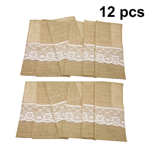 Amajoy 12pcs 4x8 pulgada Arpillera de arpillera de arpillera de arpillera natural Platería Servilleteros Cubiertos Cuchillos Cuchillos Tenedores para el país Decoración de bodas Nupcial