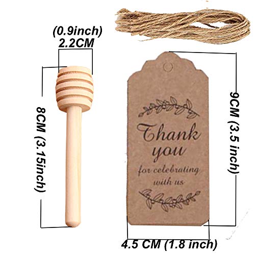 Amajoy - 50 cucharillas de té pequeñas de Madera para Miel con Tarjeta de Agradecimiento, Mini salero de Miel de 8 cm, Cuchara de Madera para Miel para Vasos de Miel para cosechas