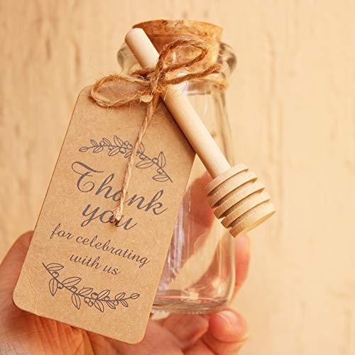 Amajoy - 50 cucharillas de té pequeñas de Madera para Miel con Tarjeta de Agradecimiento, Mini salero de Miel de 8 cm, Cuchara de Madera para Miel para Vasos de Miel para cosechas