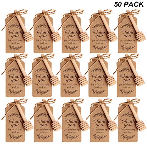 Amajoy - 50 cucharillas de té pequeñas de Madera para Miel con Tarjeta de Agradecimiento, Mini salero de Miel de 8 cm, Cuchara de Madera para Miel para Vasos de Miel para cosechas