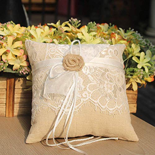 AmaJOY Cojín de anillo de boda yute hechas a mano con Flores arpillera 19 cm * 19 cm