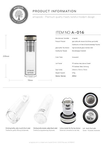 amapodo Tetera - botella de té de doble pared - filtro y tapa de acero inoxidable - cristal de diseño con filtro para té suelto