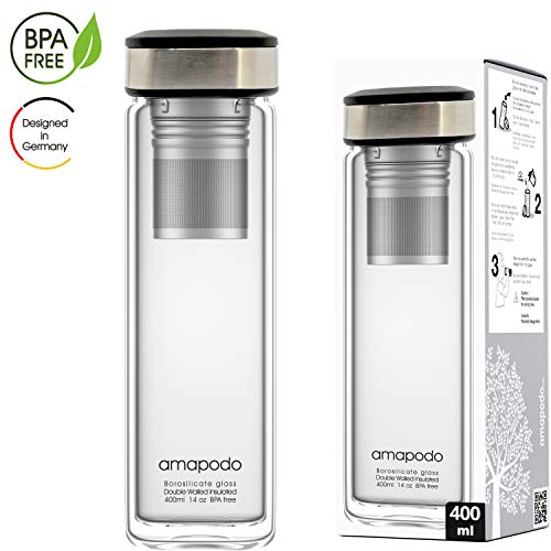 amapodo Tetera - botella de té de doble pared - filtro y tapa de acero inoxidable - cristal de diseño con filtro para té suelto