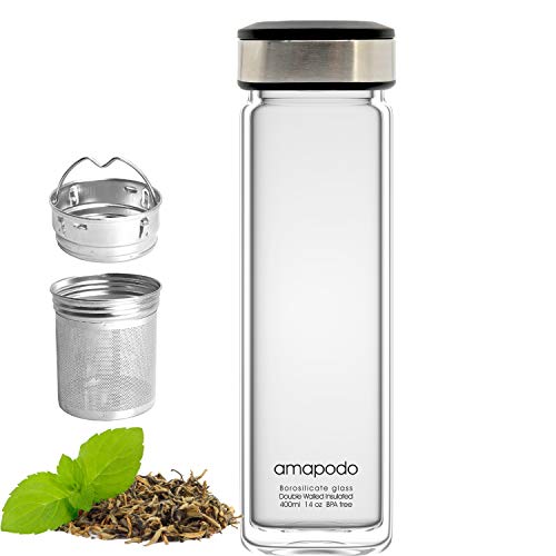 amapodo Tetera - botella de té de doble pared - filtro y tapa de acero inoxidable - cristal de diseño con filtro para té suelto