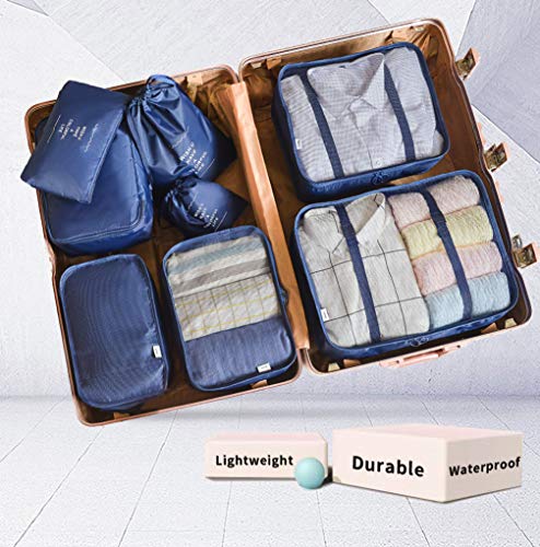 AMAYGA 8pcs Bolsas De Almacenamiento De Viaje a Prueba De Agua Ropa Embalaje Cubo Organizador De Equipaje Bolsa, Embalaje de Viaje Bolsas de Ropa Zapatos, Cosméticos Accesorios (Azul Oscuro)