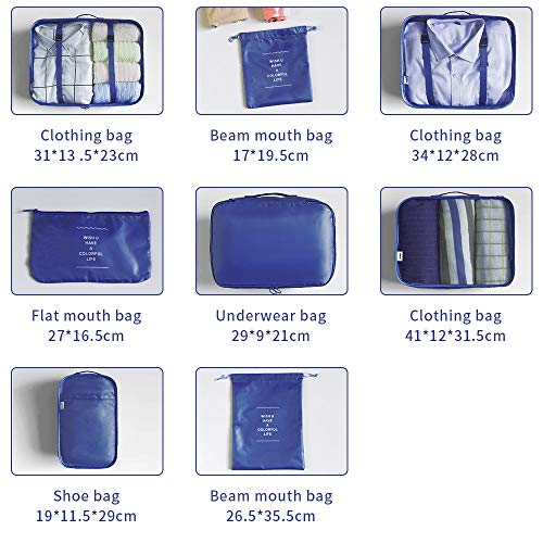 AMAYGA 8pcs Bolsas De Almacenamiento De Viaje a Prueba De Agua Ropa Embalaje Cubo Organizador De Equipaje Bolsa, Embalaje de Viaje Bolsas de Ropa Zapatos, Cosméticos Accesorios (Azul Oscuro)