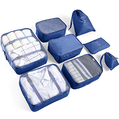 AMAYGA 8pcs Bolsas De Almacenamiento De Viaje a Prueba De Agua Ropa Embalaje Cubo Organizador De Equipaje Bolsa, Embalaje de Viaje Bolsas de Ropa Zapatos, Cosméticos Accesorios (Azul Oscuro)
