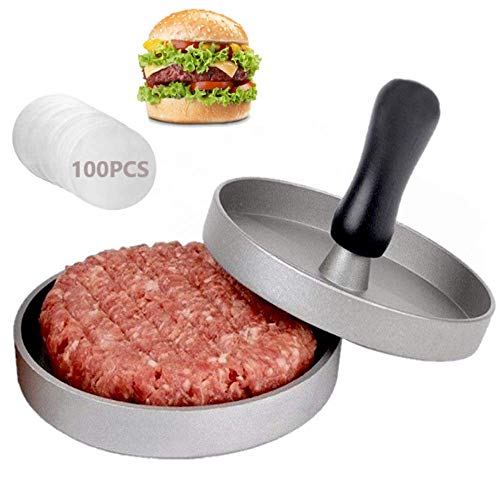 AMAYGA Prensa Burger +100 Hojas de Papel de Horno Hamburguesas,Cheeseburgers,Frikandellen,Albóndigas,Sartén, Barbacoa,Antiadherente