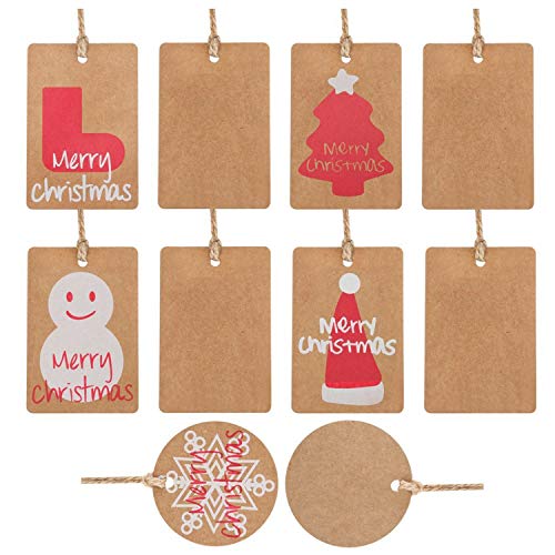 Amaza 100pcs Etiquetas de Papel Kraft Árbol de Navidad Gift Tags con Cerda de Yute Navidad Decoracion Arbol (5 Patrones)