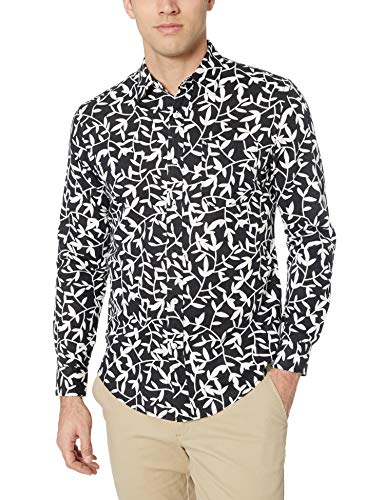 Amazon Essentials - Camisa de lino con manga larga, corte entallado y estampado para hombre, Negro (black Leaf Print), US L (EU L)