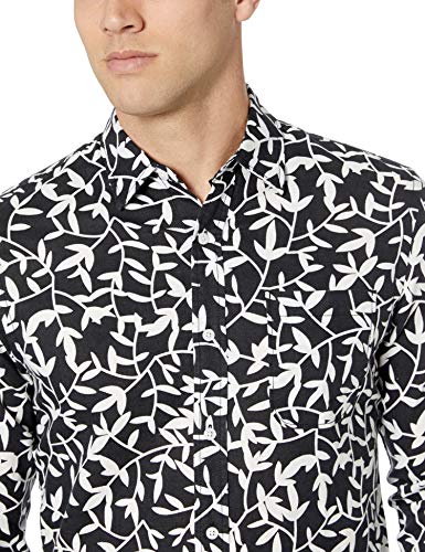 Amazon Essentials - Camisa de lino con manga larga, corte entallado y estampado para hombre, Negro (black Leaf Print), US L (EU L)