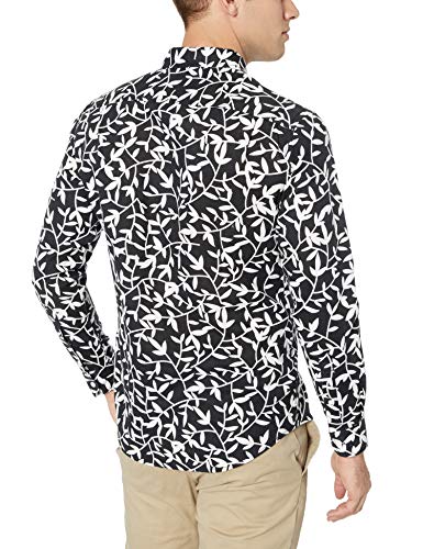 Amazon Essentials - Camisa de lino con manga larga, corte entallado y estampado para hombre, Negro (black Leaf Print), US L (EU L)