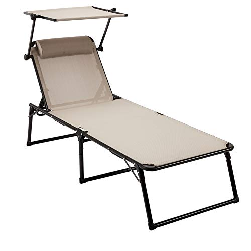 AmazonBasics Aluminium Folding Sun Lounger with Canopy, Three-Legged Lounger with 5 Adjustable Positions,Beige