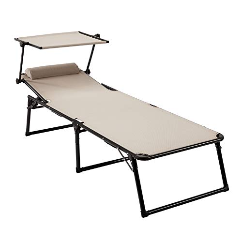 AmazonBasics Aluminium Folding Sun Lounger with Canopy, Three-Legged Lounger with 5 Adjustable Positions,Beige