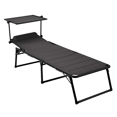 AmazonBasics Aluminium Folding Sun Lounger with Canopy,Three-Legged Lounger with Quick Dry Foam Wrap Shawl,5 Adjustable Positions,Grey