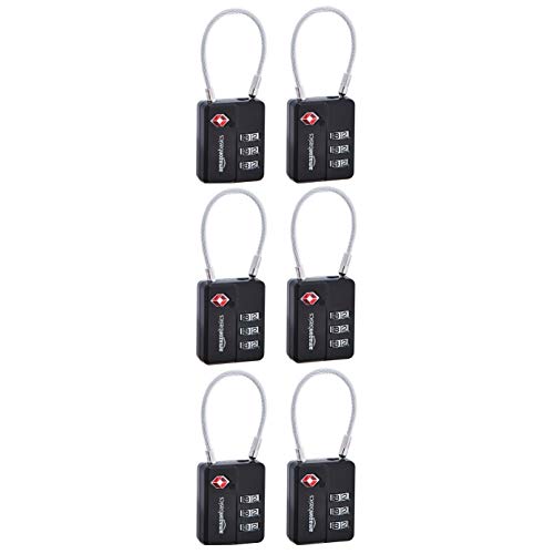 AmazonBasics - Candado de combinación de 3 dígitos con cable homologado por la TSA, paquete de 6, negro