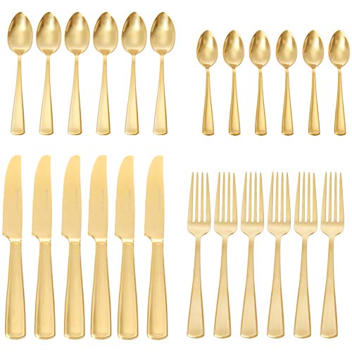 AmazonBasics - Juego de cubertería, 6 servicios, 24 piezas [estilo moderno], Dorado
