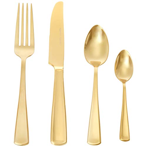 AmazonBasics - Juego de cubertería, 6 servicios, 24 piezas [estilo moderno], Dorado