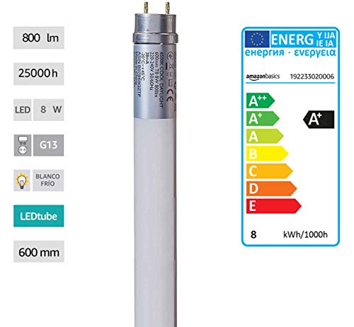 AmazonBasics Professional - Tubo LED T8 600 mm, 800 lúmenes, 8 W (equivalente a 18 W), blanco frío, 6500 K, G13 - juego de 2