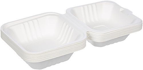 AmazonBasics - Recipientes de comida para llevar desechables, diseño de almeja, convertibles en abono ecológico y biodegradables, 15 x 15 x 8 cm, 125 unidades