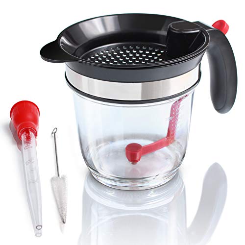 Amazy Jarra desgrasadora Incl. Pipeta para salsa + Cepillo limpiador – Jarra separadora de grasas de plástico con colador y medidor para retirar la grasa de sus salsas y sopas (1L)