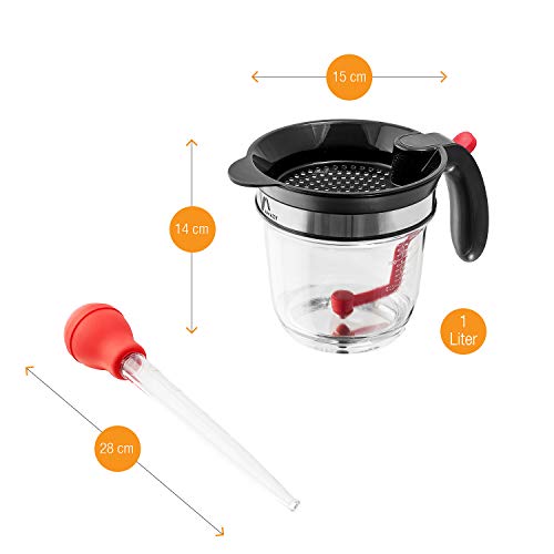 Amazy Jarra desgrasadora Incl. Pipeta para salsa + Cepillo limpiador – Jarra separadora de grasas de plástico con colador y medidor para retirar la grasa de sus salsas y sopas (1L)
