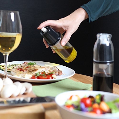 Amazy Pulverizador de aceite de oliva y vinagre (2 botes |170 ml) + pincel – Dispensador de aceite de cristal para dosis precisa sin goteo para cocina o barbacoa