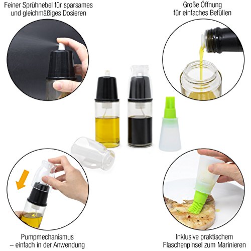 Amazy Pulverizador de aceite de oliva y vinagre (2 botes |170 ml) + pincel – Dispensador de aceite de cristal para dosis precisa sin goteo para cocina o barbacoa
