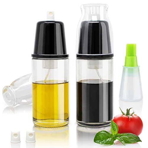 Amazy Pulverizador de aceite de oliva y vinagre (2 botes |170 ml) + pincel – Dispensador de aceite de cristal para dosis precisa sin goteo para cocina o barbacoa