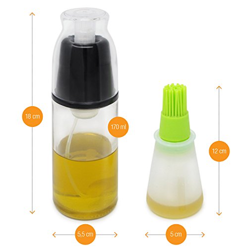 Amazy Pulverizador de aceite de oliva y vinagre (2 botes |170 ml) + pincel – Dispensador de aceite de cristal para dosis precisa sin goteo para cocina o barbacoa