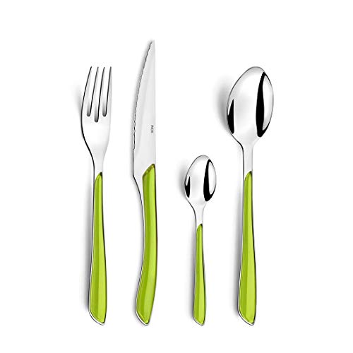 Amefa ECLAT - Cubertería (acero inoxidable, 24 piezas, para 6 personas, mango de plástico de alta calidad, apto para lavavajillas), color verde