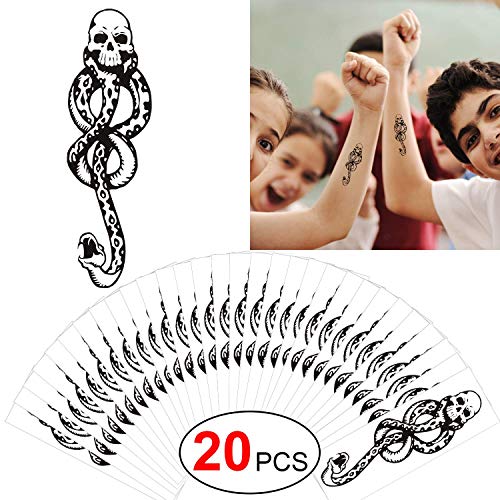 AMITD 20 Hojas Dark Mark Death Eater Tattoos, Dark Mark Mamba Skull Tatuajes temporales para Adultos Niños Halloween Cosplay/Disfraz Accesorios de Tatuaje Fiesta de Halloween