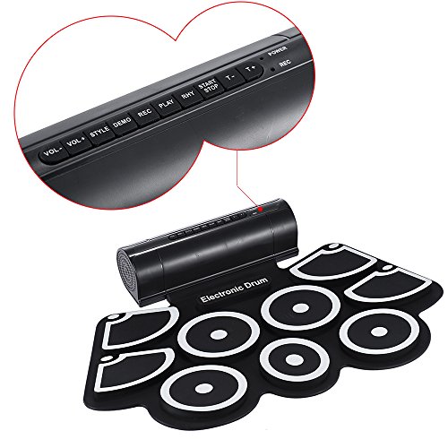 ammoon Portátil Electrónico Rollo Up Tambor Juego de Pastillas 9 Almohadillas de Silicona Altavoces Incorporados con los Palillos Pedales USB Cable de Audio de 3,5 mm