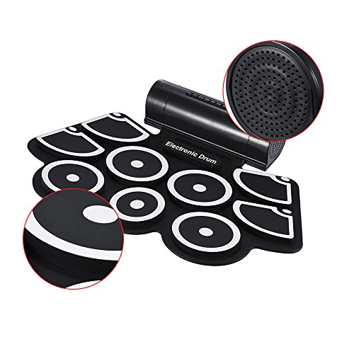 ammoon Portátil Electrónico Rollo Up Tambor Juego de Pastillas 9 Almohadillas de Silicona Altavoces Incorporados con los Palillos Pedales USB Cable de Audio de 3,5 mm