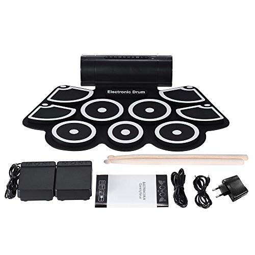 ammoon Portátil Electrónico Rollo Up Tambor Juego de Pastillas 9 Almohadillas de Silicona Altavoces Incorporados con los Palillos Pedales USB Cable de Audio de 3,5 mm