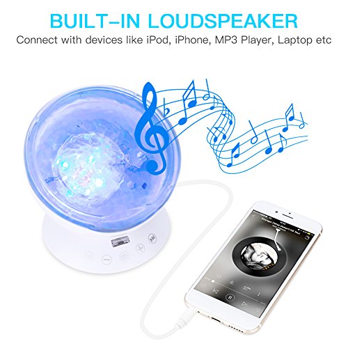 AMONIDA Ocean Wave Projector, lámpara de proyector LED de luz nocturna, reproductor de música de 7 modos de color con control remoto para habitación de bebé, dormitorio, sala de estar, regalos de Navi