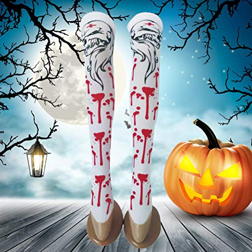 Amosfun 1 par de Mujeres manchadas de Sangre Medias hasta la Rodilla Blancas para Halloween Cosplay Costume Party Halloween Horror Nights (White No.1)