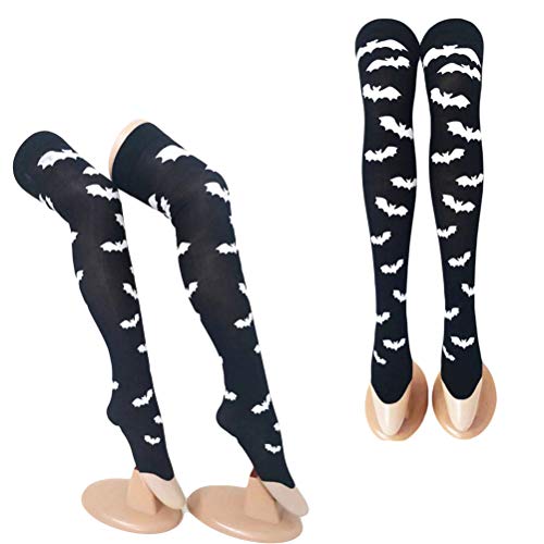 Amosfun 1 par de Mujeres manchadas de Sangre patrón murciélago Rodilla Medias Altas para Halloween Cosplay Fiesta de Disfraces Halloween Horror Nights (Black No.6)