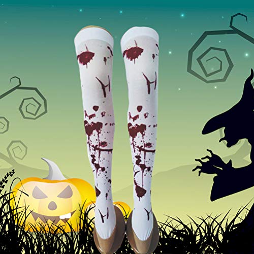 Amosfun 1 par de Mujeres teñidas con Sangre Medias hasta la Rodilla Blancas para Fiesta de Terror Cosplay (Blanco n ° 3)