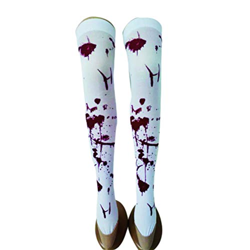 Amosfun 1 par de Mujeres teñidas con Sangre Medias hasta la Rodilla Blancas para Fiesta de Terror Cosplay (Blanco n ° 3)