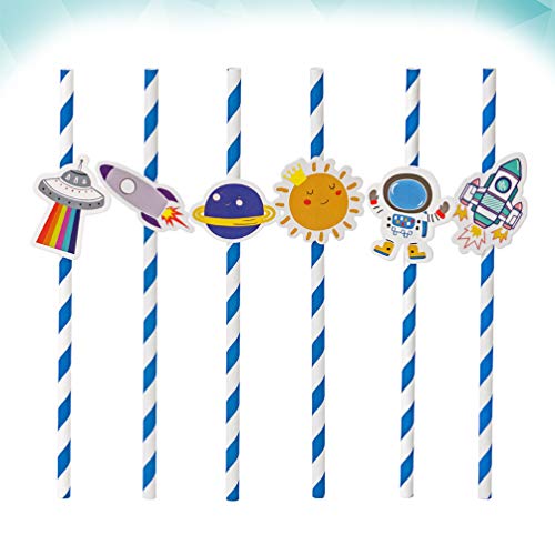 Amosfun 40 piezas de pajitas de papel espacial pajitas desechables de patrón de cohete de plantas estrelladas para suministros de bodas de cumpleaños de tema espacial