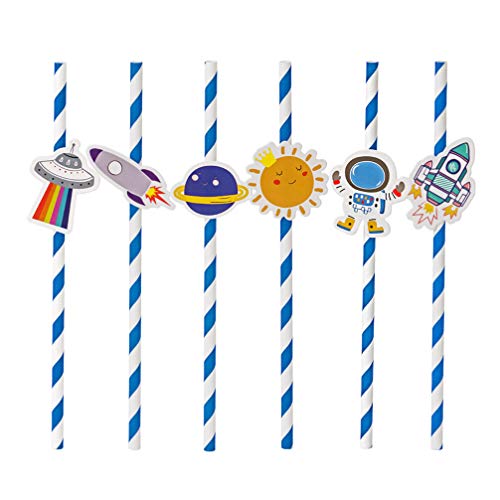 Amosfun 40 piezas de pajitas de papel espacial pajitas desechables de patrón de cohete de plantas estrelladas para suministros de bodas de cumpleaños de tema espacial