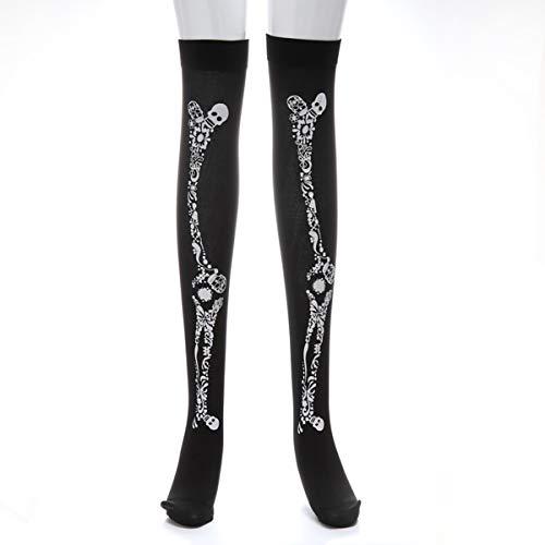 Amosfun Medias de cráneo de Halloween Medias largas de Halloween Muslo Medias sobre la Rodilla Traje de Cosplay Esqueleto Blanco Calcetines Largos Disfraces de Halloween