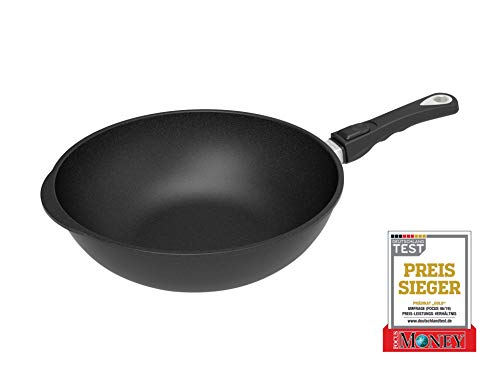 AMT - Sartén para wok (32 cm de diámetro, 10 cm de alto, mango extraíble, aluminio fundido (aluminio), revestimiento antiadherente Lotan® para cocinar sin grasas, AMZN-1032S-Z20B