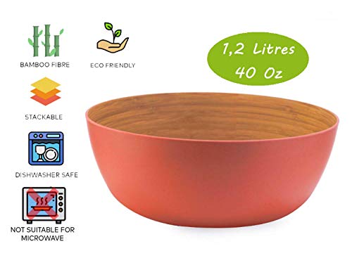 AMTNATURE Set de 2 Ensaladeras Cuencos de bambú con Capacidad de 1200 ml | Apto Lavavajillas | Vajilla de bambú | Ensalada | Fruta | Picnic | Camping |Bambú Naranja