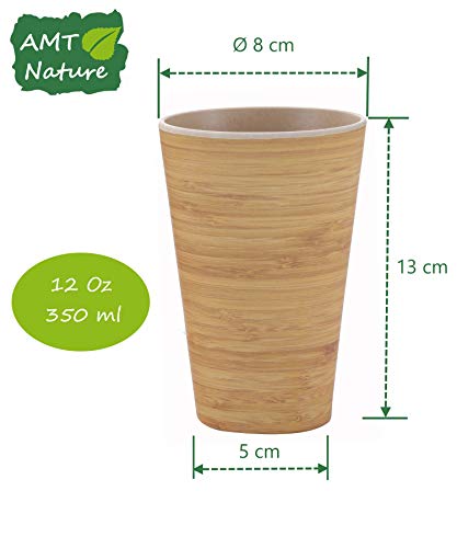 AMTNATURE Set de 4 Vasos de Bambú con capacidad de 350ml. Juego de taza biodegradable. Vajilla ecológica BPA Free.