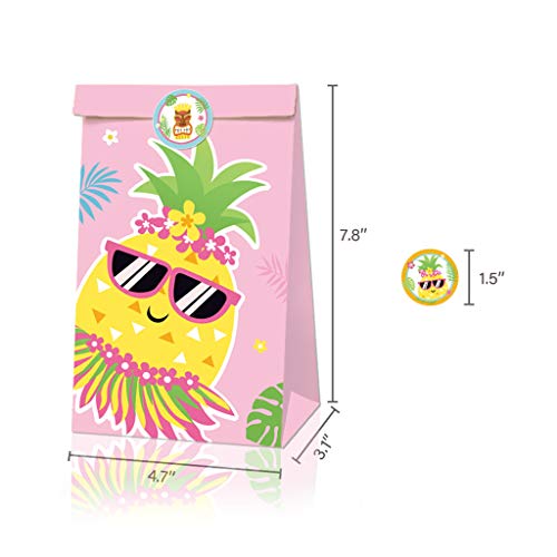 Amycute 12 Piezas Bolsas de Papel Kraft de Hawai y 2 Pegatinas de Flamenco Hawai, Bolsa de Dulces Summer Party Favor Cumpleaños para Niños,Baby Shower, Utilizar para Galletas, Nueces, Chocolates