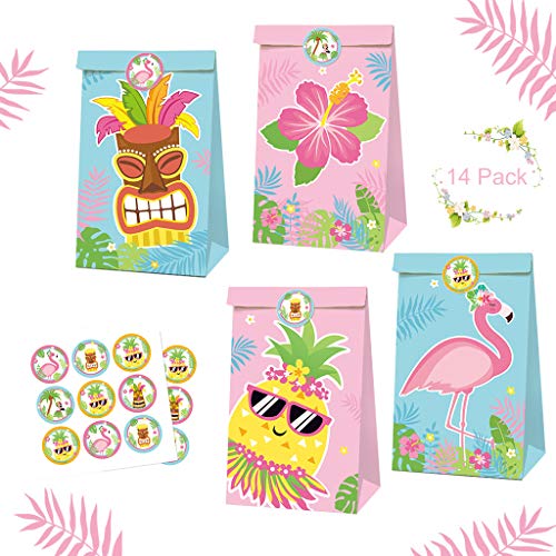 Amycute 12 Piezas Bolsas de Papel Kraft de Hawai y 2 Pegatinas de Flamenco Hawai, Bolsa de Dulces Summer Party Favor Cumpleaños para Niños,Baby Shower, Utilizar para Galletas, Nueces, Chocolates
